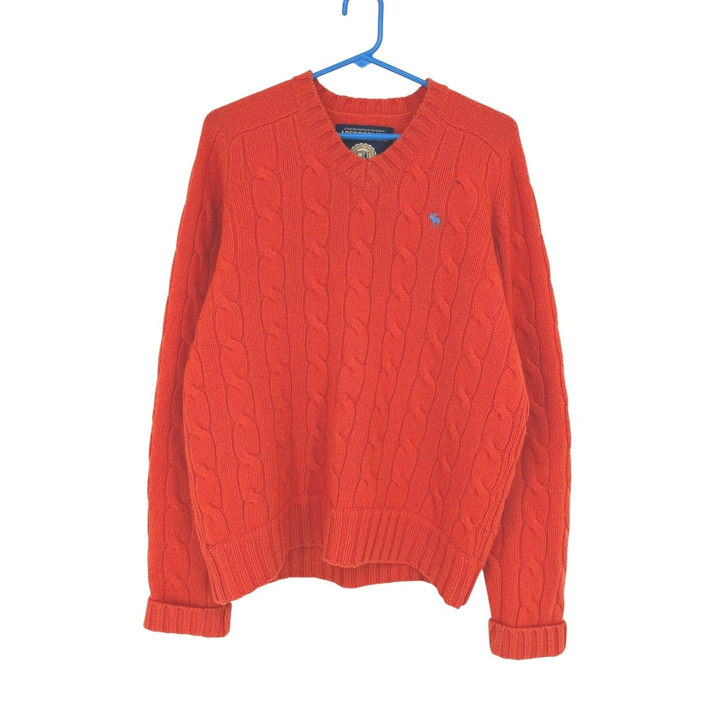 VTG Abercrombie & Fitch Men Orange Shetland Wool Cashmere Knit V-Neck Sweater M - Picture 2 of 11